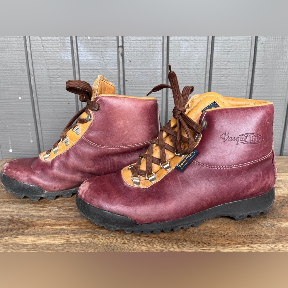 Vintage Vasque Gore Tex Leather Hiking Boot in Burgundy and Tan Made in Italy